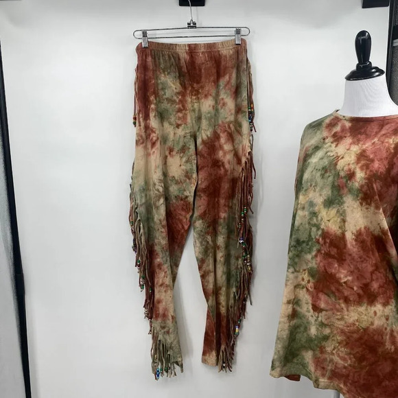 Fashion Collage Fringe Top‎ & Pull-on Pants Set OSFM Red Tie Dye Beaded Hippie - Picture 7 of 16